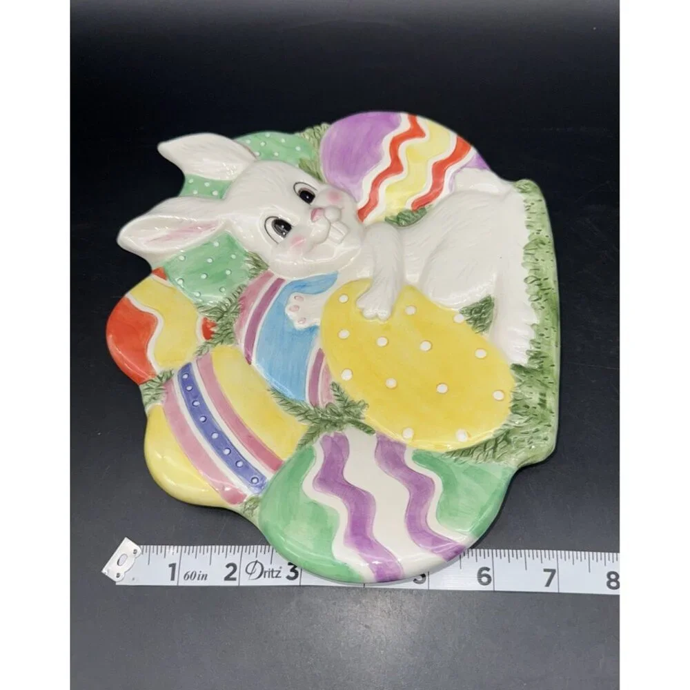 VTG Fitz & Floyd Colorful Ceramic GATHERING‎ EGGS Bunny Rabbit 9” Plate Dish